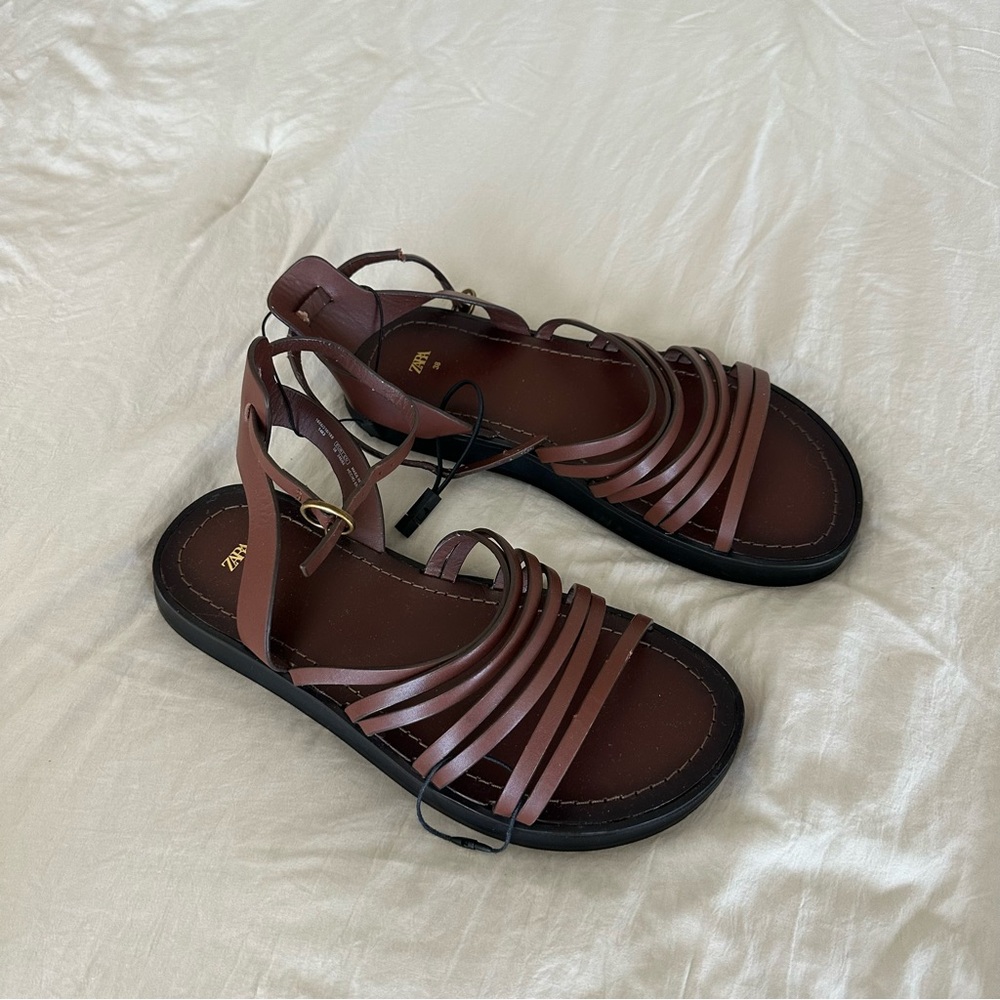 Zara Brown Multi-Strap Ankle Buckle Sandals
